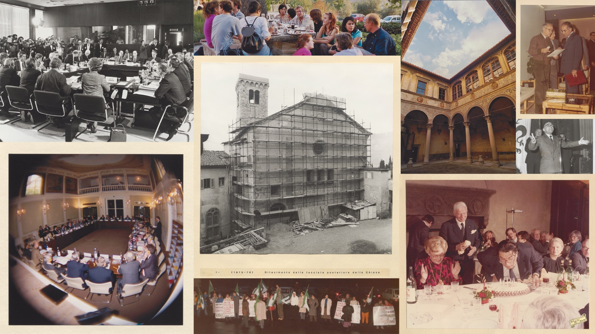 Nine archival images from EUI campus life and buildings