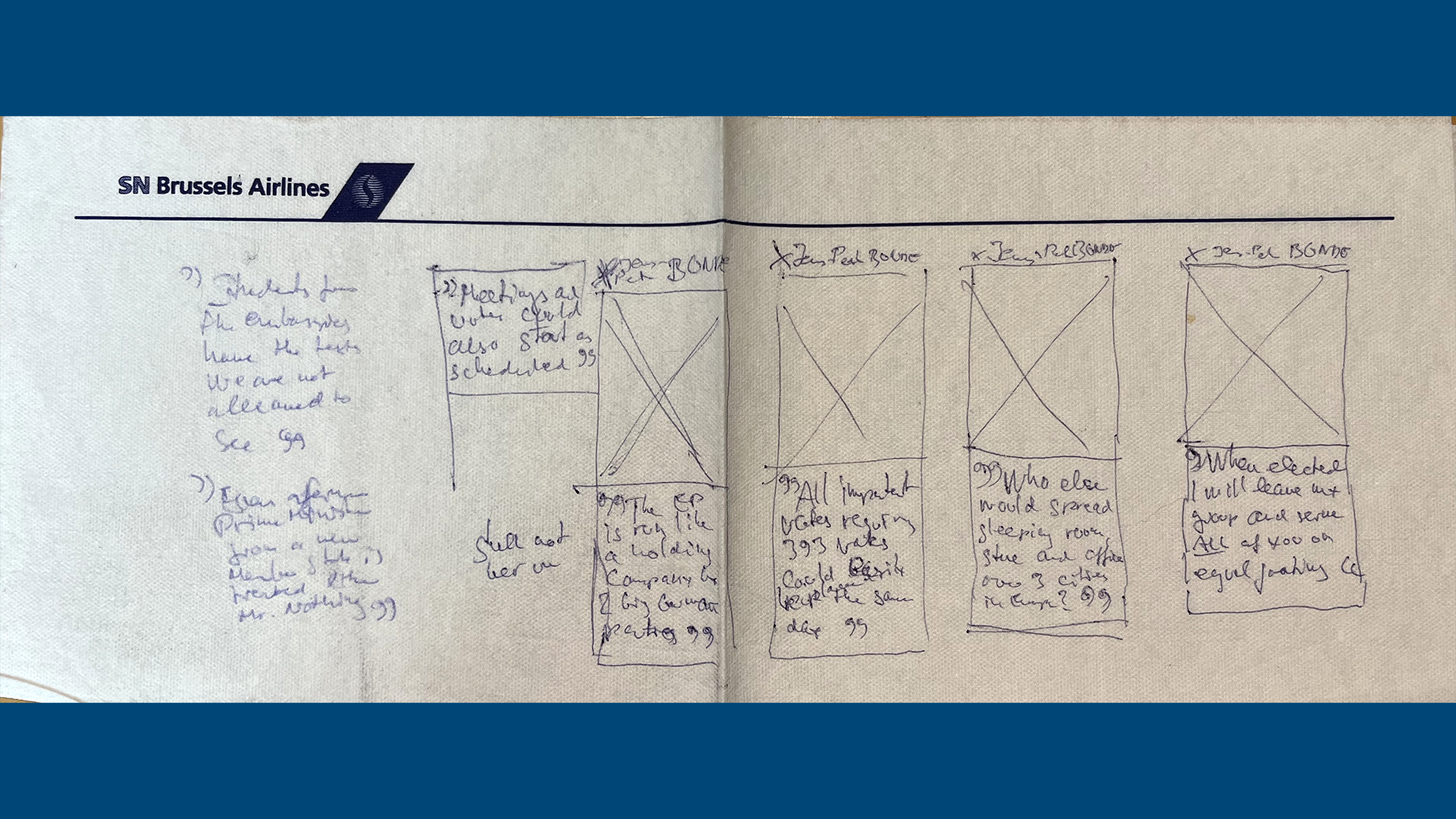 The itinerant life of an MEP. Campaign sketches from Bonde made on a Brussels Airline napkin during one of his frequent trips.