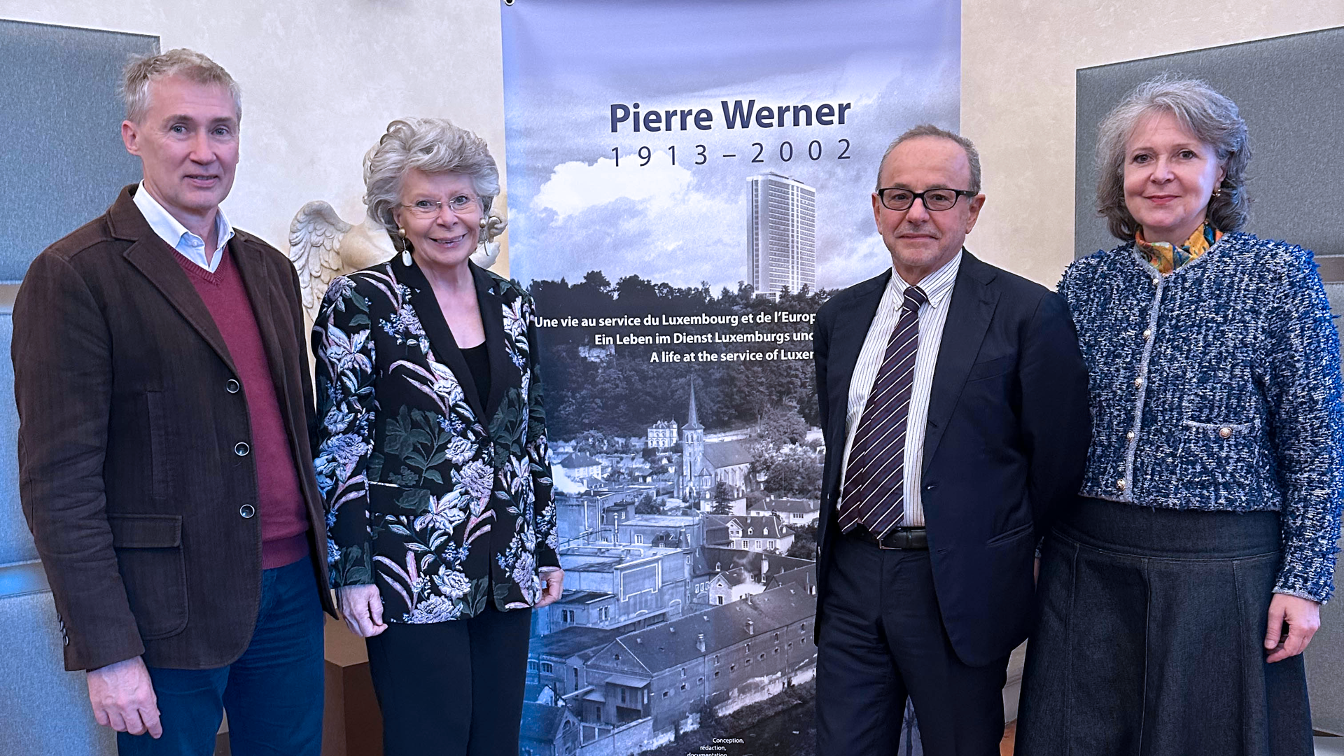 Dieter Schlenker, Viviane Reding, Armando Barucco, and Elena Danescu inaugurate the Pierre Werner exhibit