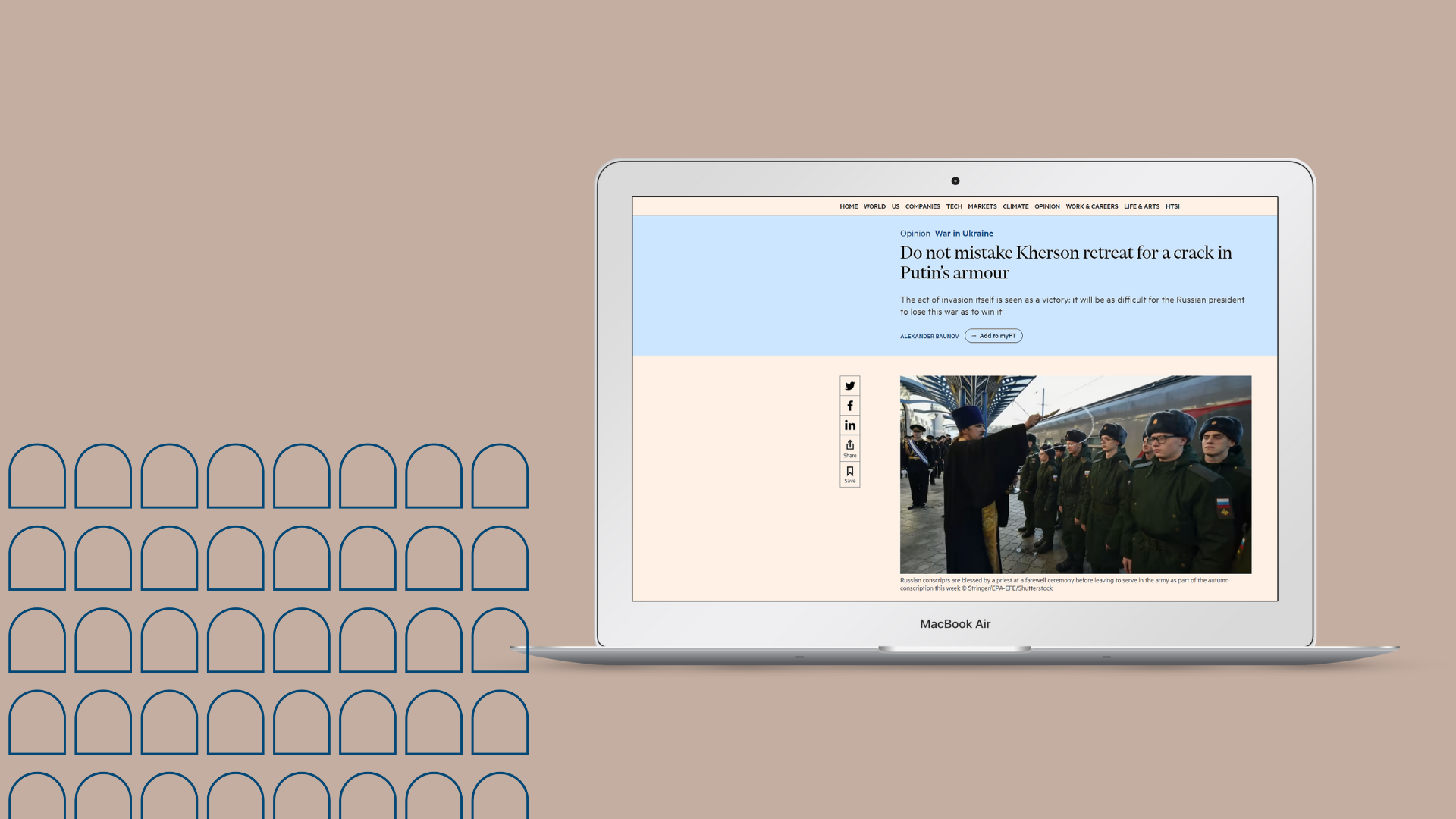 Visual of a grey laptop displaying the op-ed "Do not mistake Kherson retreat for a crack in Putin’s armour"