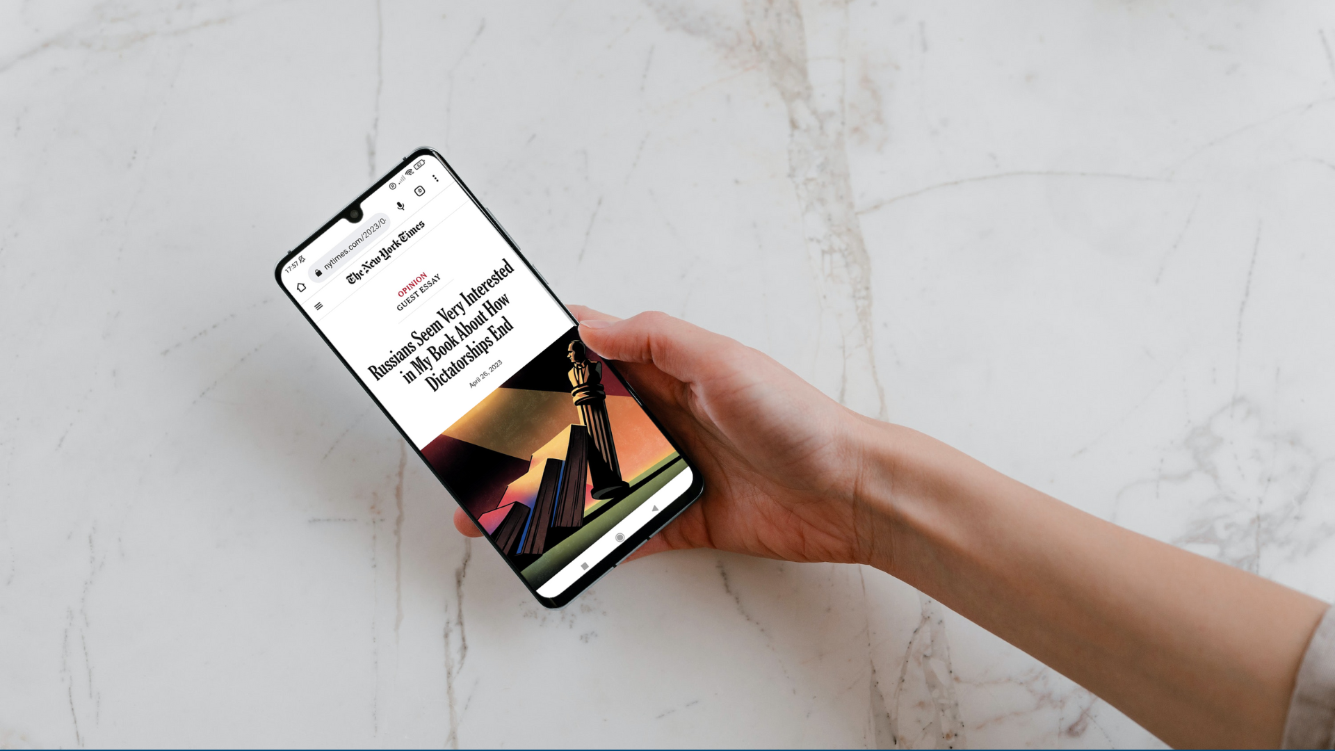 Image displaying a smartphone and Alexander Baunov's op-ed for the New York Times on Russians seem very interested in my book about how dictatorships end