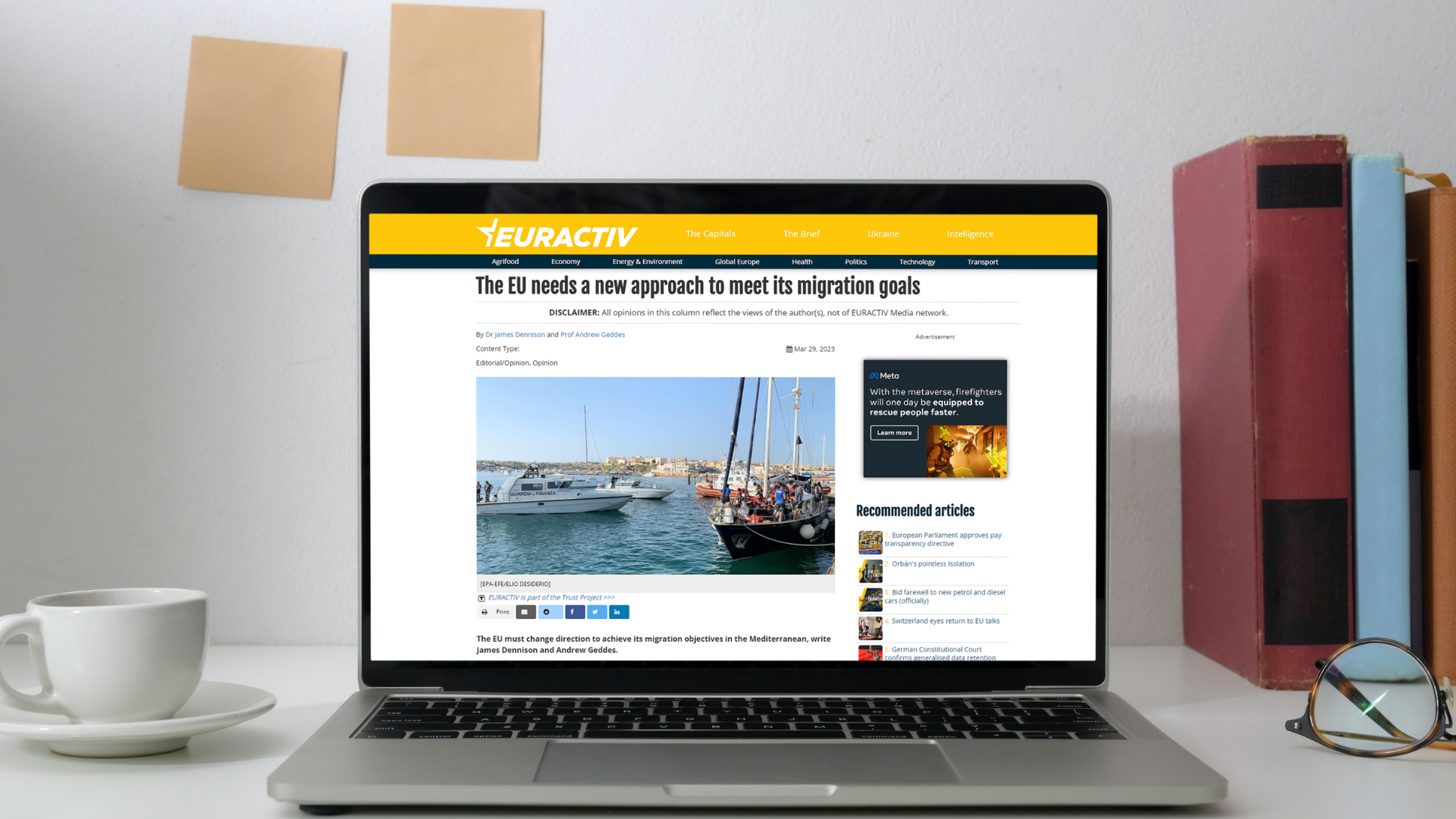 Laptop displaying the op-ed written by James Dennison and Andrew Geddes for Euractiv
