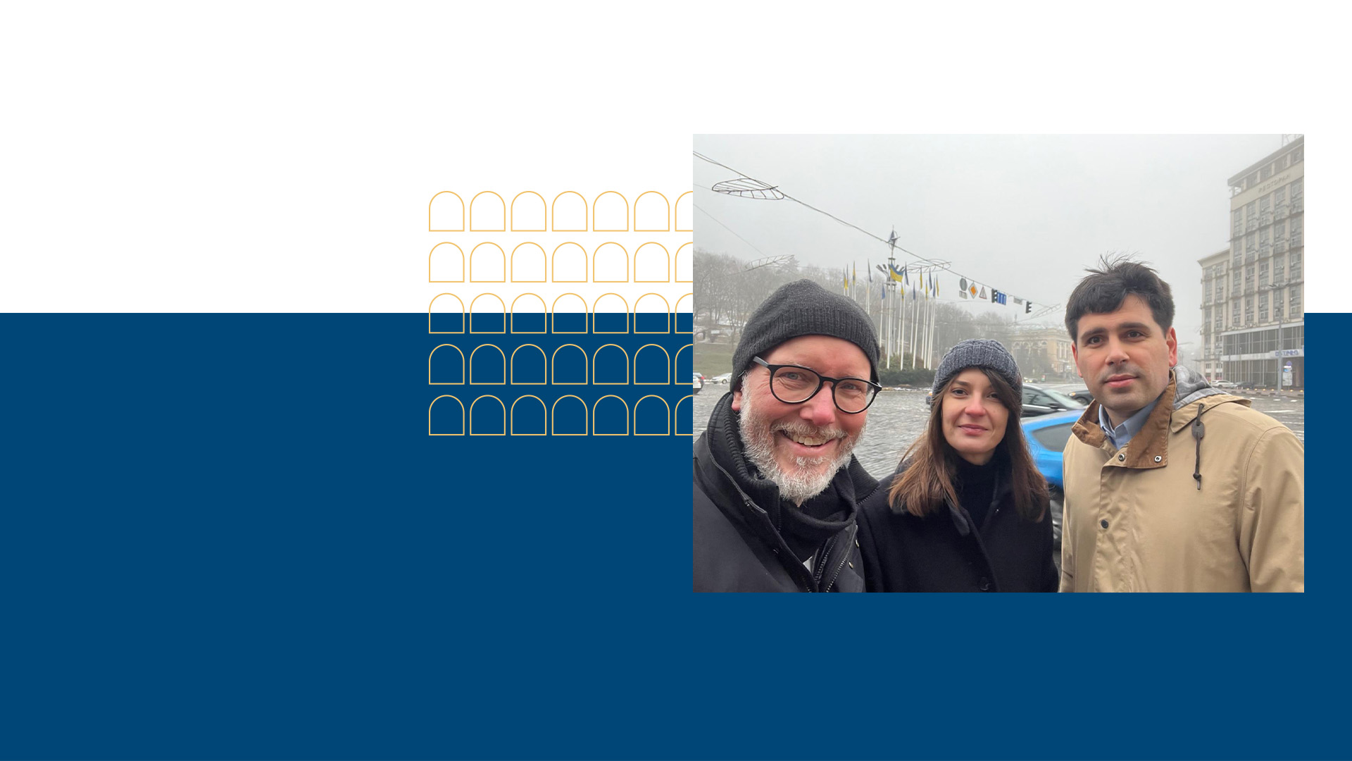 Erik Jones (righ), Veronica Anghel (middle), Rector Tymofii Brik (left) in Kyiv