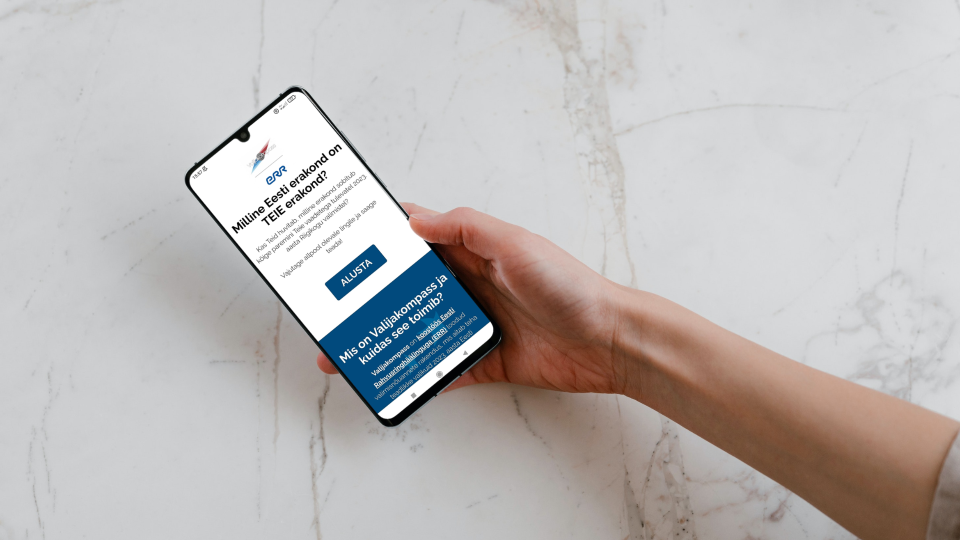 Mobile device displaying the voting advice application for the Estonian 2023 general electio