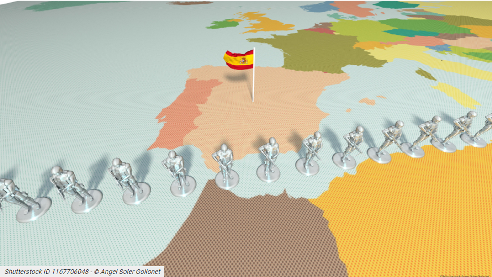 Toy soldiers lined up on the border of Spain and Morocco