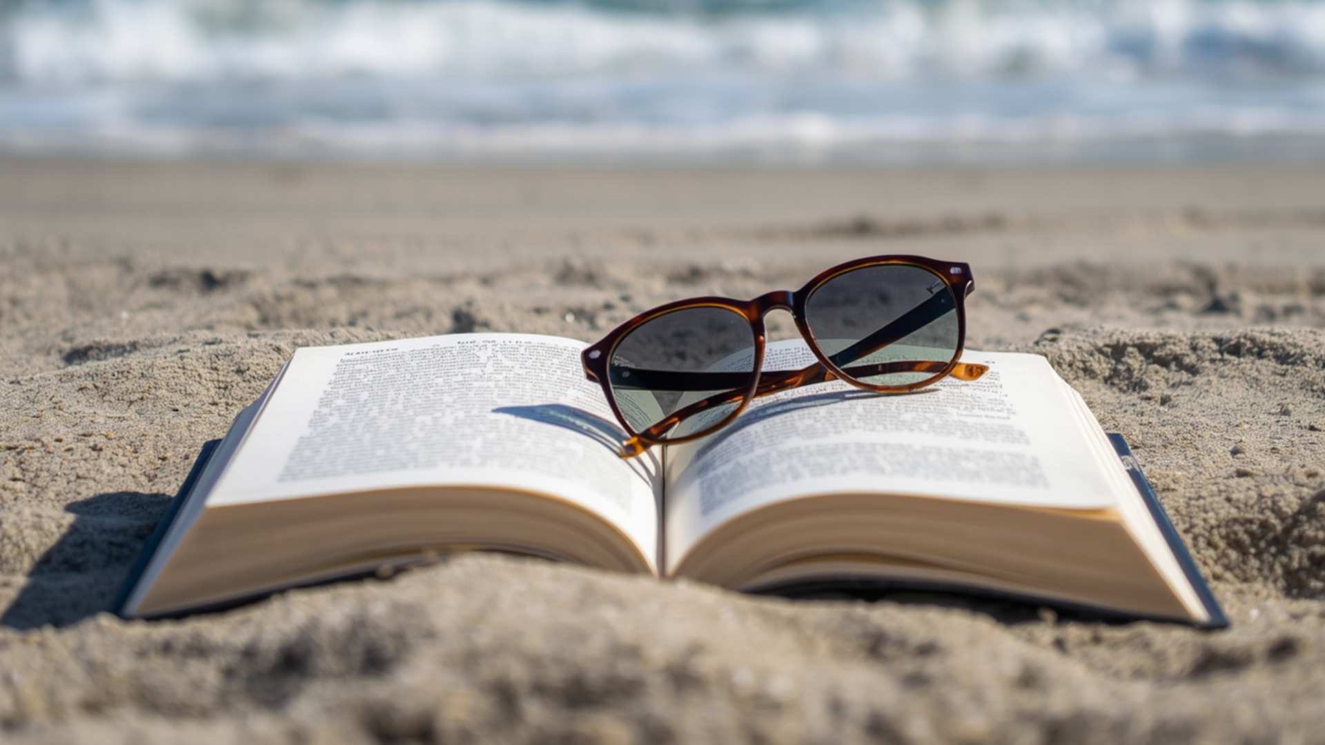 A book and sunglasses on a beach