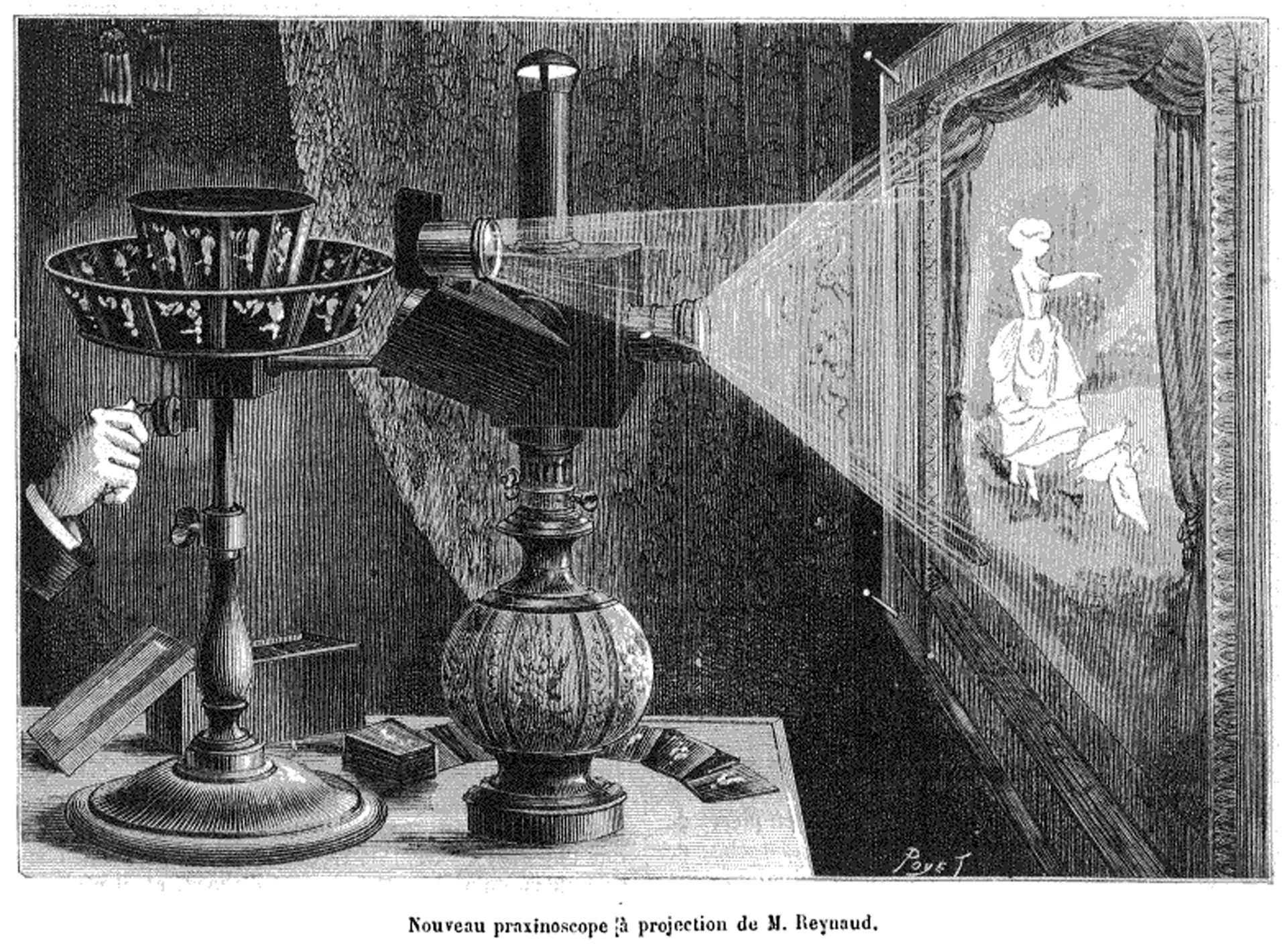 19th-century engraving of the "Nouveau praxinoscope à projection de M. Reynaud" 