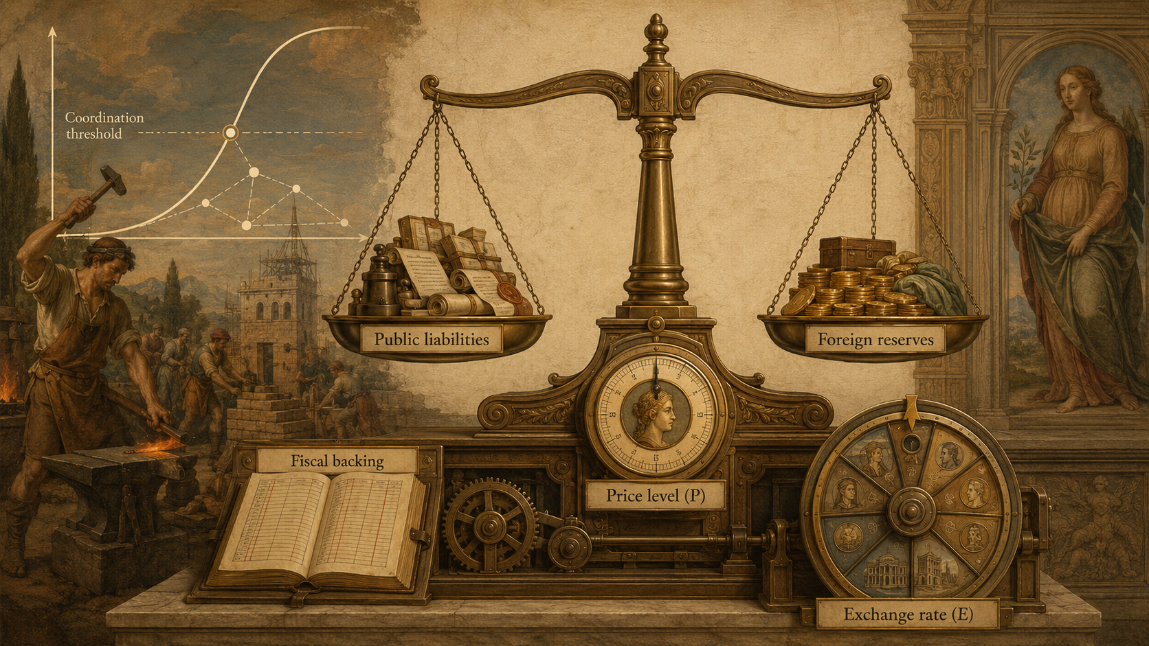 Figure 2. AI-generated allegory linking the museum experiment's coordination threshold with fiscal backing, reserves, exchange-rate valuation, and price-level adjustment.
