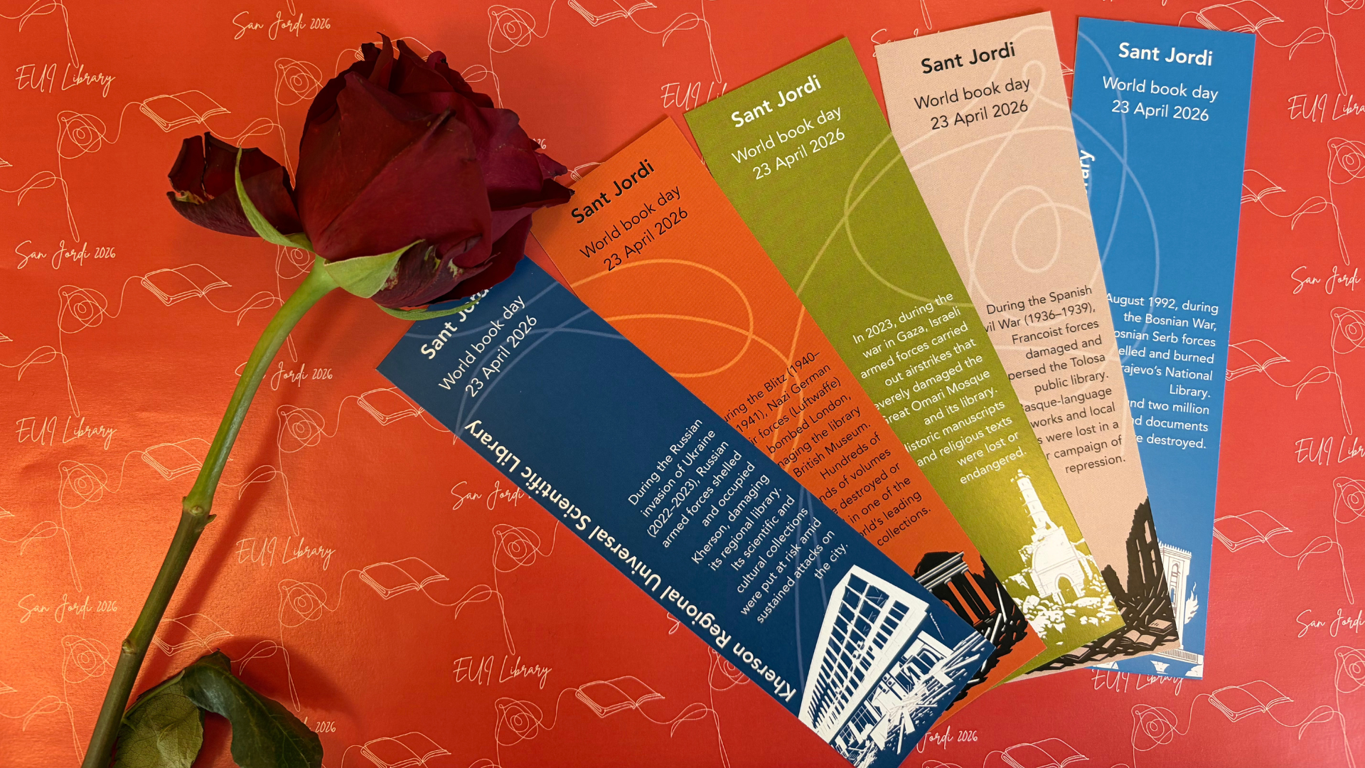 EUI Library San Jordi bookmarks, next to a rose.  