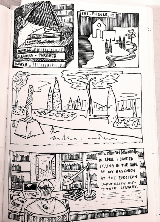 Sketchbook page showing a four-panel drawing created at the EUI Library by artist Mina Jack Tolu. Copyright Mina Jack Tolu. 