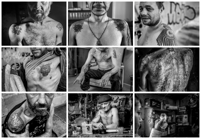 Grid of nine black‑and‑white photos of tattooed bodies. Copyright Nicolas Wieërs and b/w David Vannussi.
