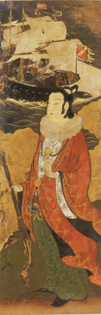 This detail from a Nanban screen features a young Japanese convert wearing European-influenced Nanban attire, including a pendant Christian cross around his neck. 