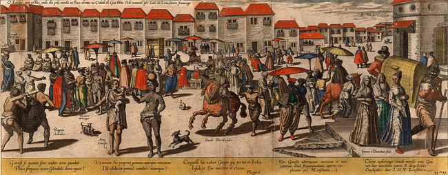 This engraving by Dutch traveller Jan Huygen van Linschoten depicts the bustling Rua Direita.