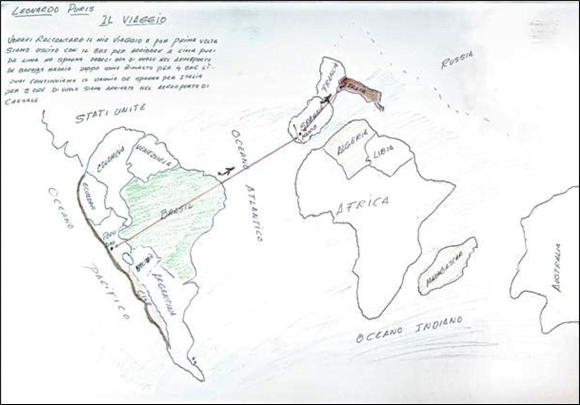 Hand‑drawn map created by Leonardo Puris (BABE project), illustrating a personal migration journey from Peru to Italy.