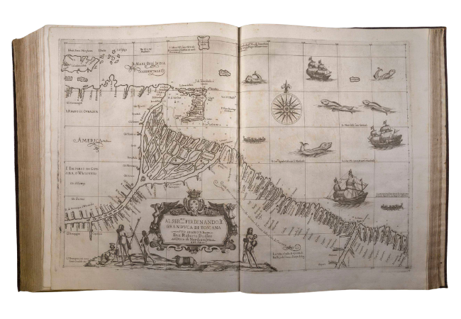 Map of the northern coast of Brazil comes from Sir Robert Dudley’s monumental maritime atlas, dedicated to Ferdinando II de’ Medici. 