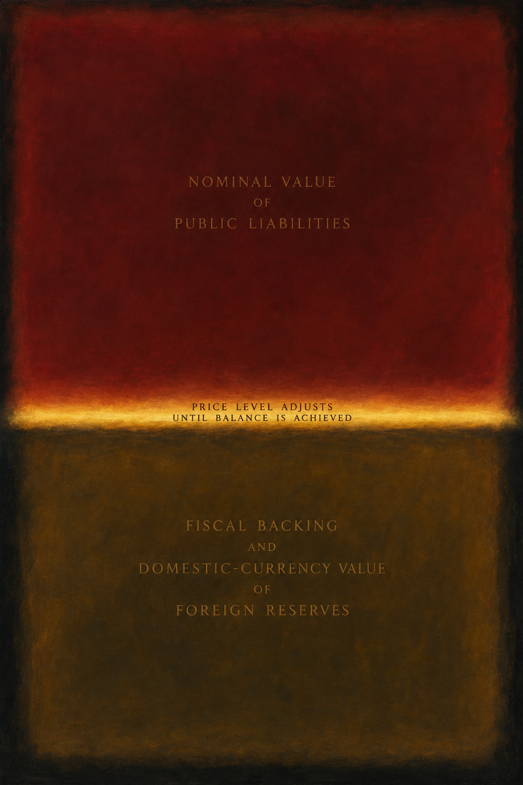 Figure 6. Rothko-inspired treatment: nominal liabilities above, fiscal backing and reserve value below, and the price level as the line of adjustment.