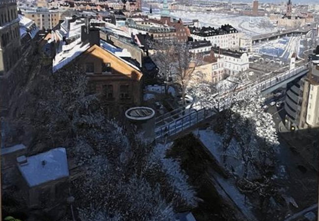 Painting of a winter view of Stockholm with snow-covered buildings and bridges.