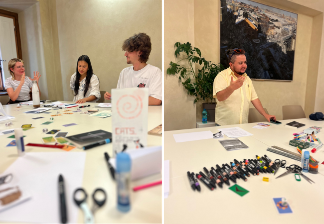 Participants seated around a table creating zines during a workshop, alongside a separate photo of the workshop facilitator speaking beside a table with craft materials.