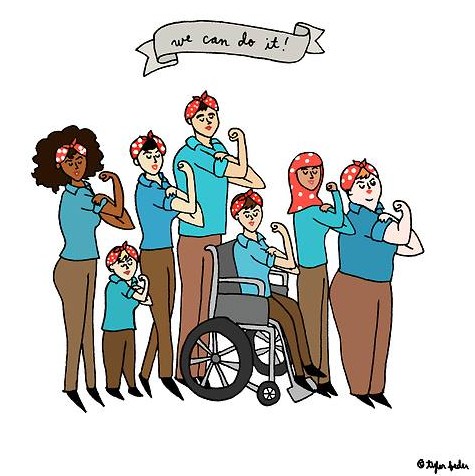 Ilustration with several women doing the "Rosie the Riveter" pose with a banner saying "We can do it""