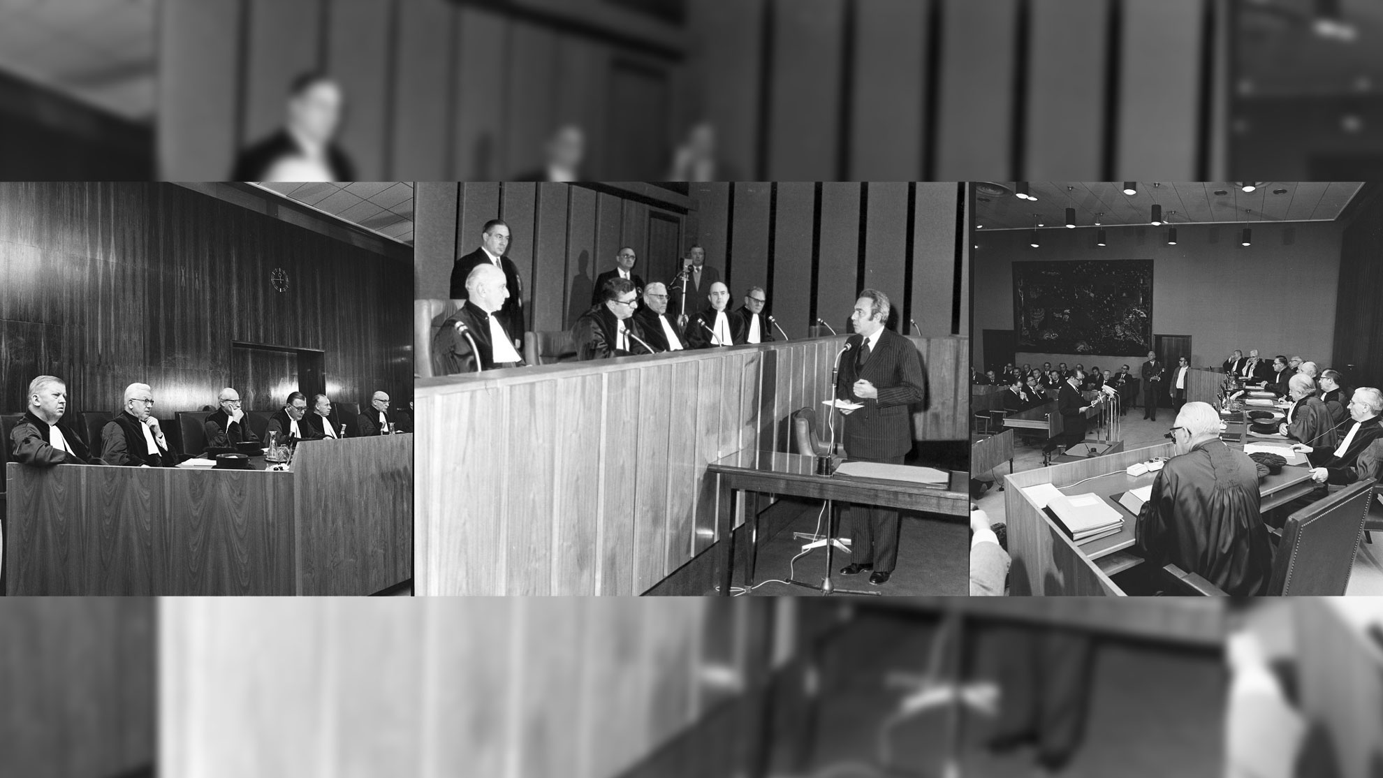 Three pictures of the Court of Justice in session in the early 1970s. 