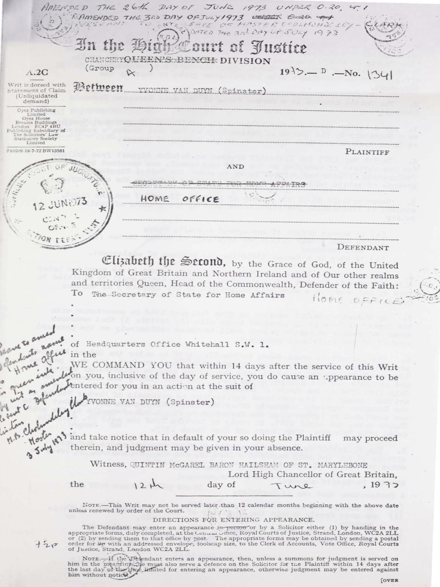 Document from the dossier of van Duyn; a court order adressed to ‘Yvonne van Duyn (spinster)’.