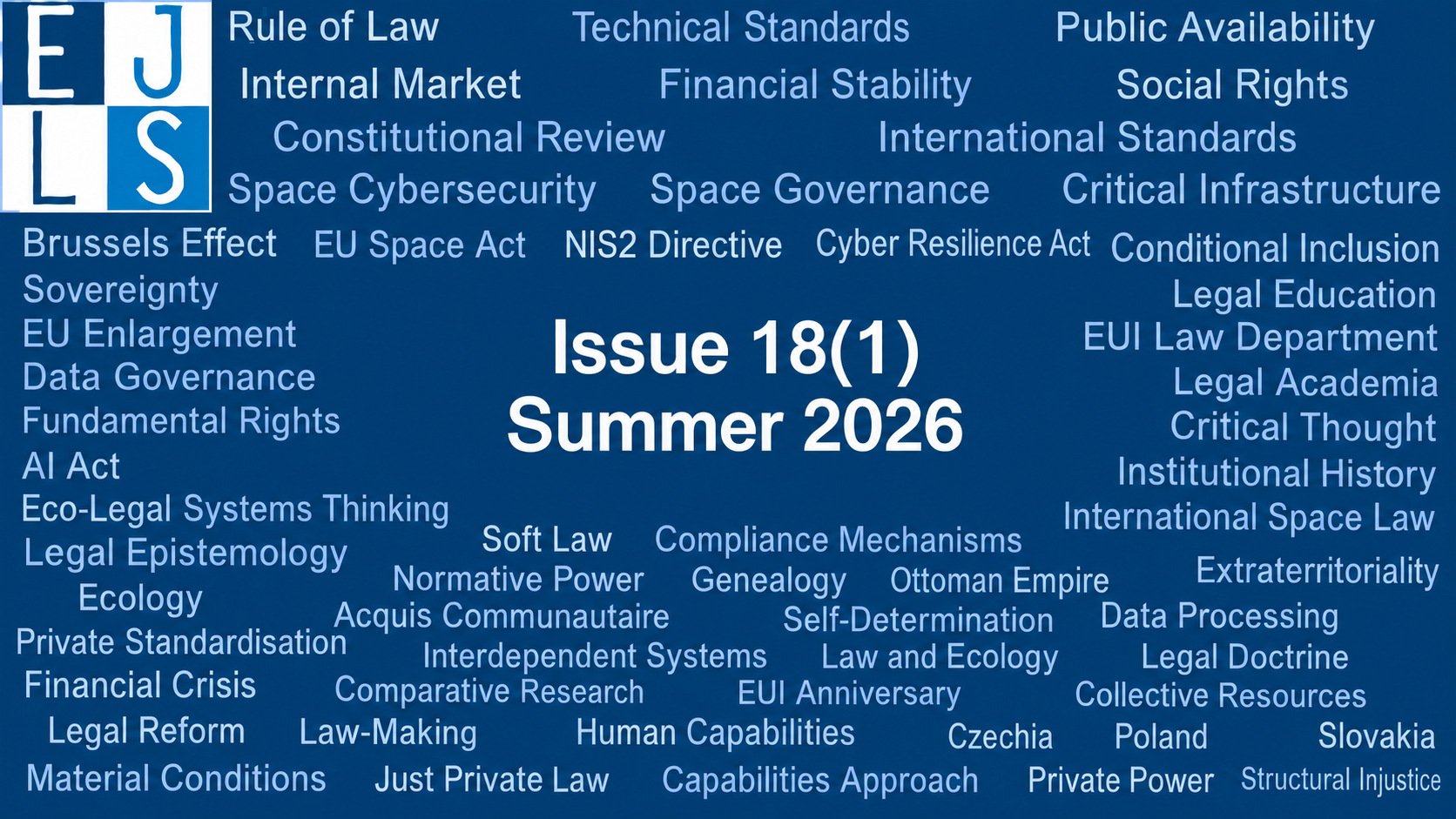 EJLS Issue 18(1) Summer 2026 blue Cover Photo with keywords from publications within the issue