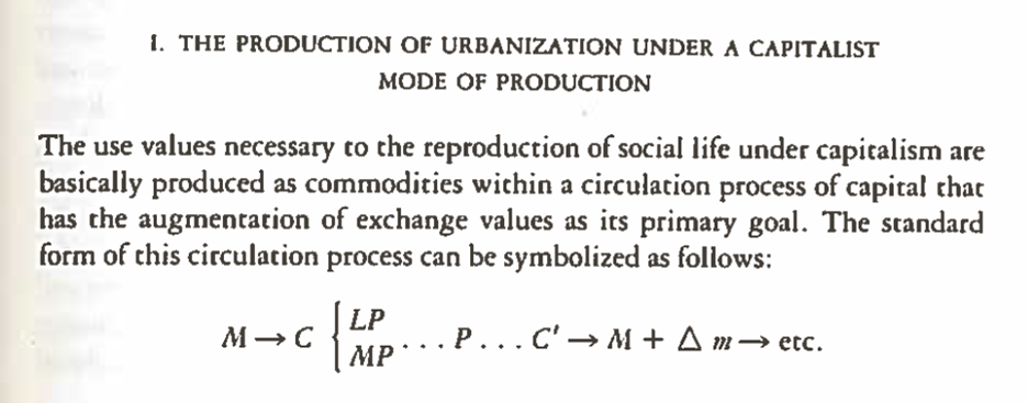 David Harvey, The Urban Experience (Baltimore, MD: The Johns Hopkins University Press, 1989), p.17 The production of urbanization under a capitalist mode of production