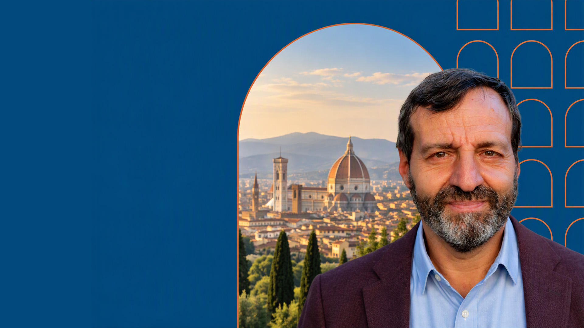 Giancarlo Corsetti with Florence in background in an arch