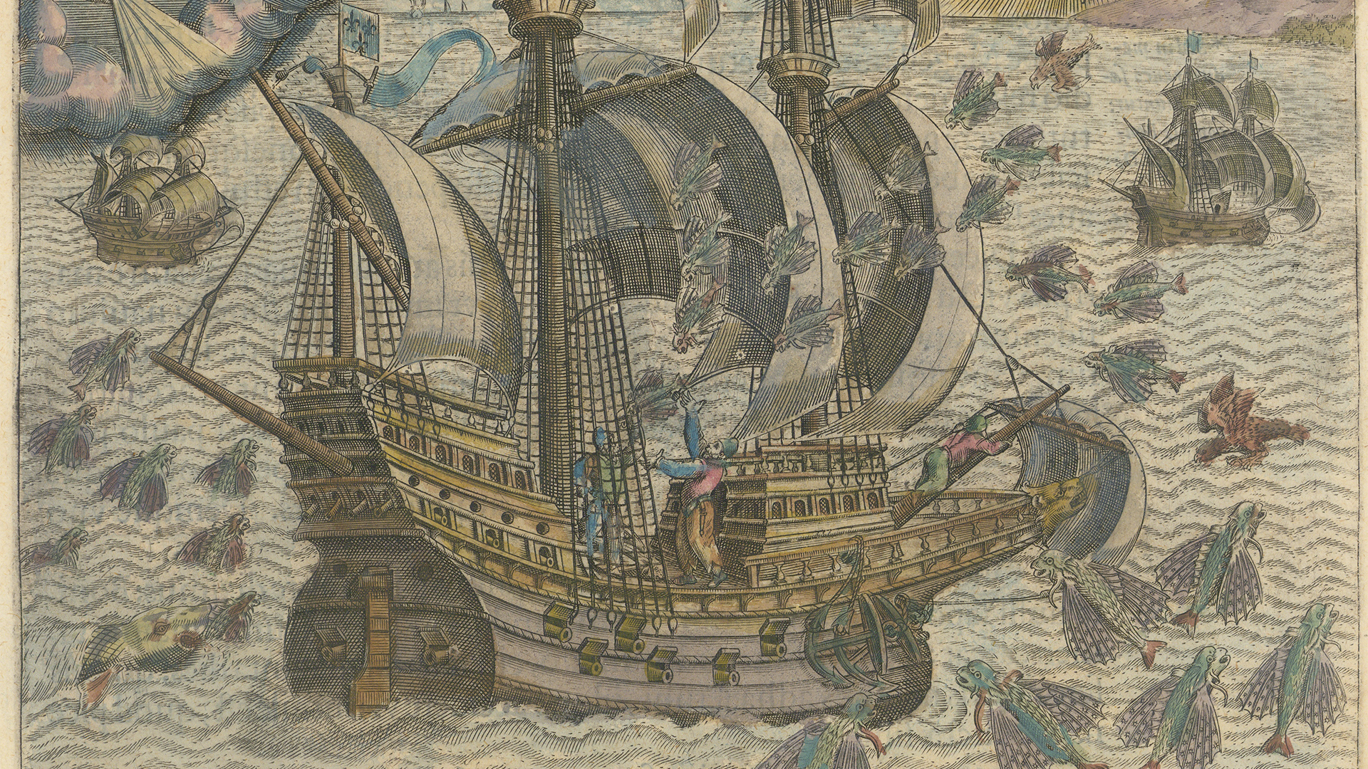 Winged Fish in the Sea, Theodor de Bry (1528-1598), copperplate engraving on paper.