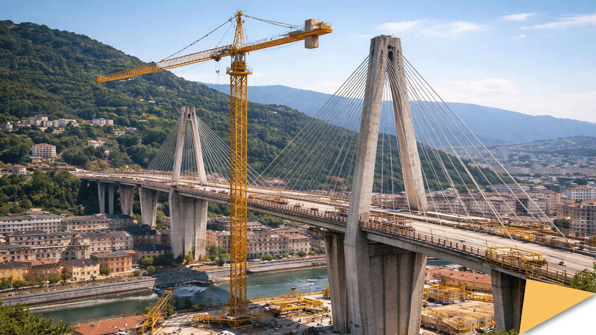 Big bridge connecting two sides of a river with high crane on one side 
