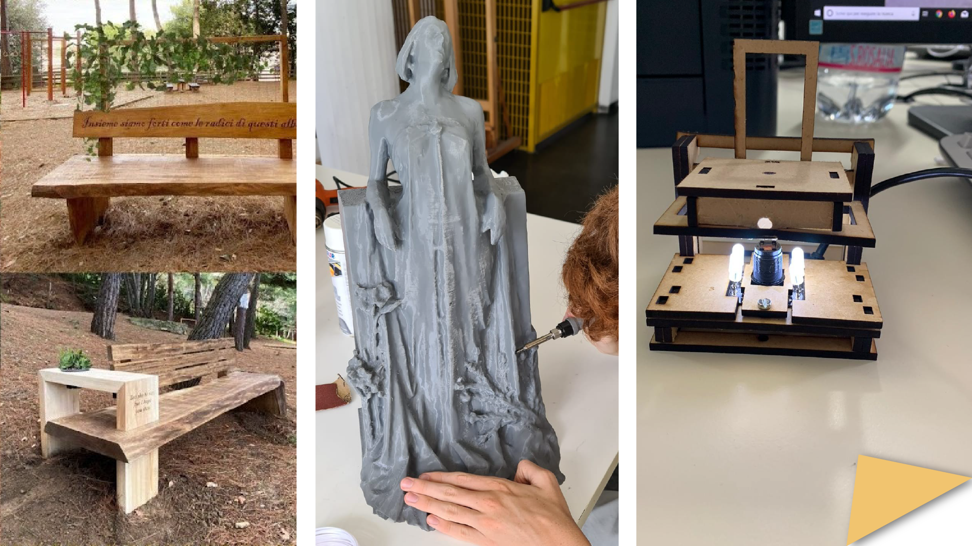 Two benches, a replica of a statue, and a microscope built using laser-cut wood and a webcam 