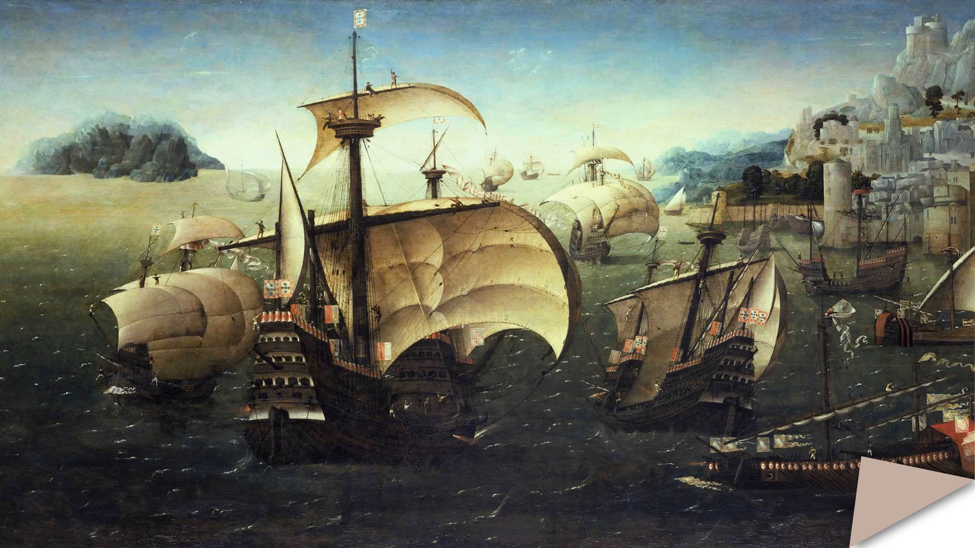 Sixteenth-century painting of large Portuguese sailing ships with full sails crossing dark water, a fortified coastal town visible on the right.