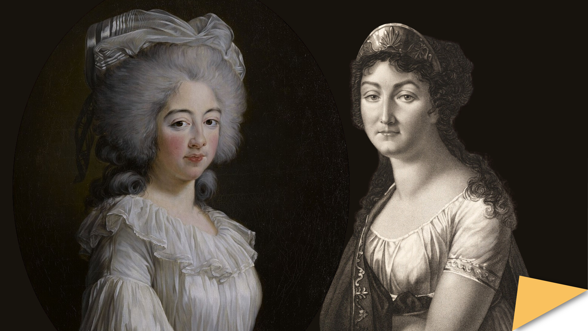 Composite image of two 18th century portraits of women from Paris, one in soft pastel colours, and the other in a monochrome engraving.