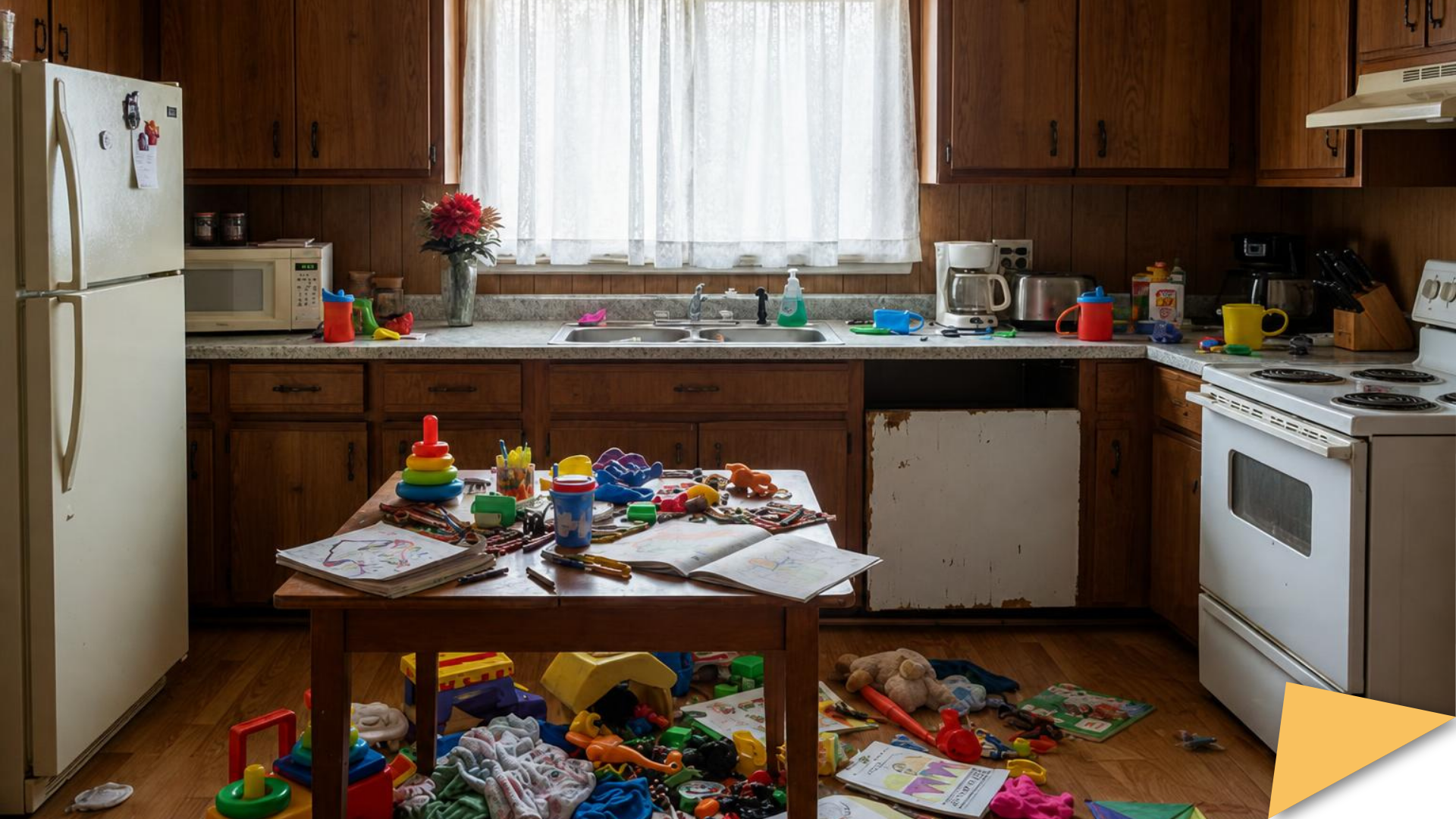 AI-generated image of a messy kitchen.