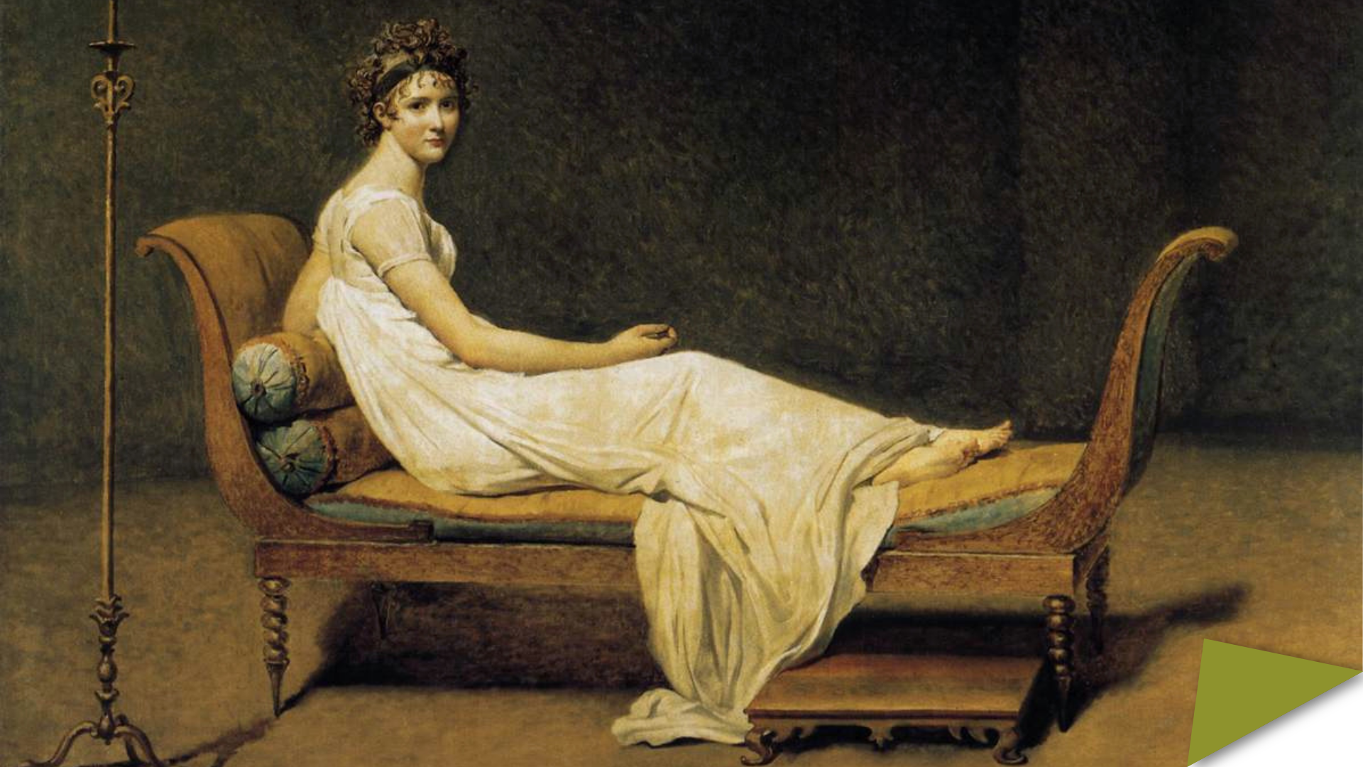 A woman in a white dress reclines barefoot on a gilded daybed, turning to look over her shoulder.