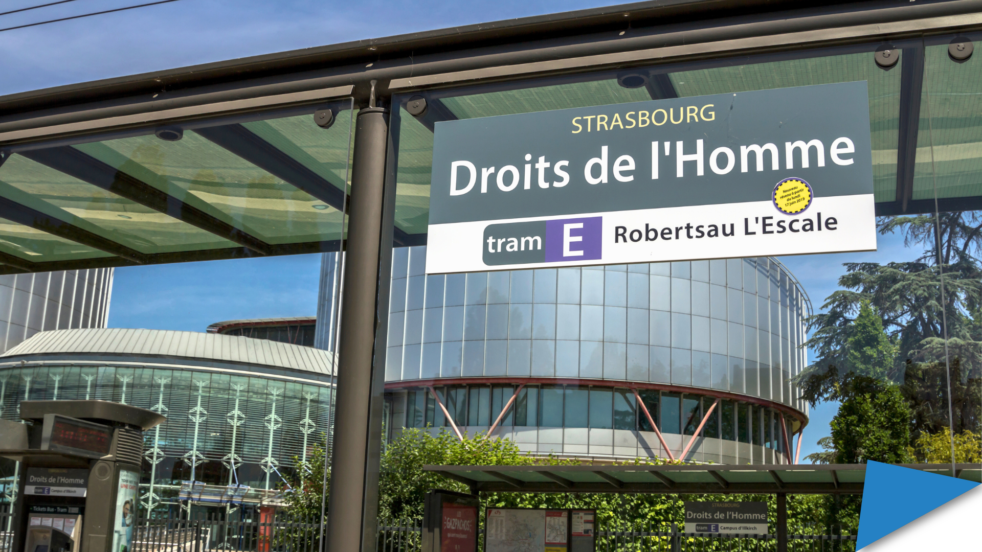 The "Droits de l'Homme" tram stop in Strasbourg, France, with the European Court of Human Rights building visible in the background.