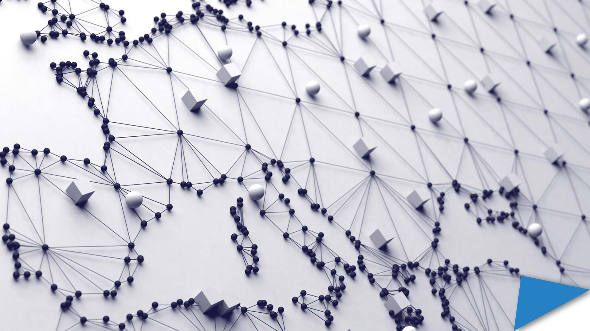 Abstract digital network map of Europe with nodes and connection lines in a clean, 3D style.