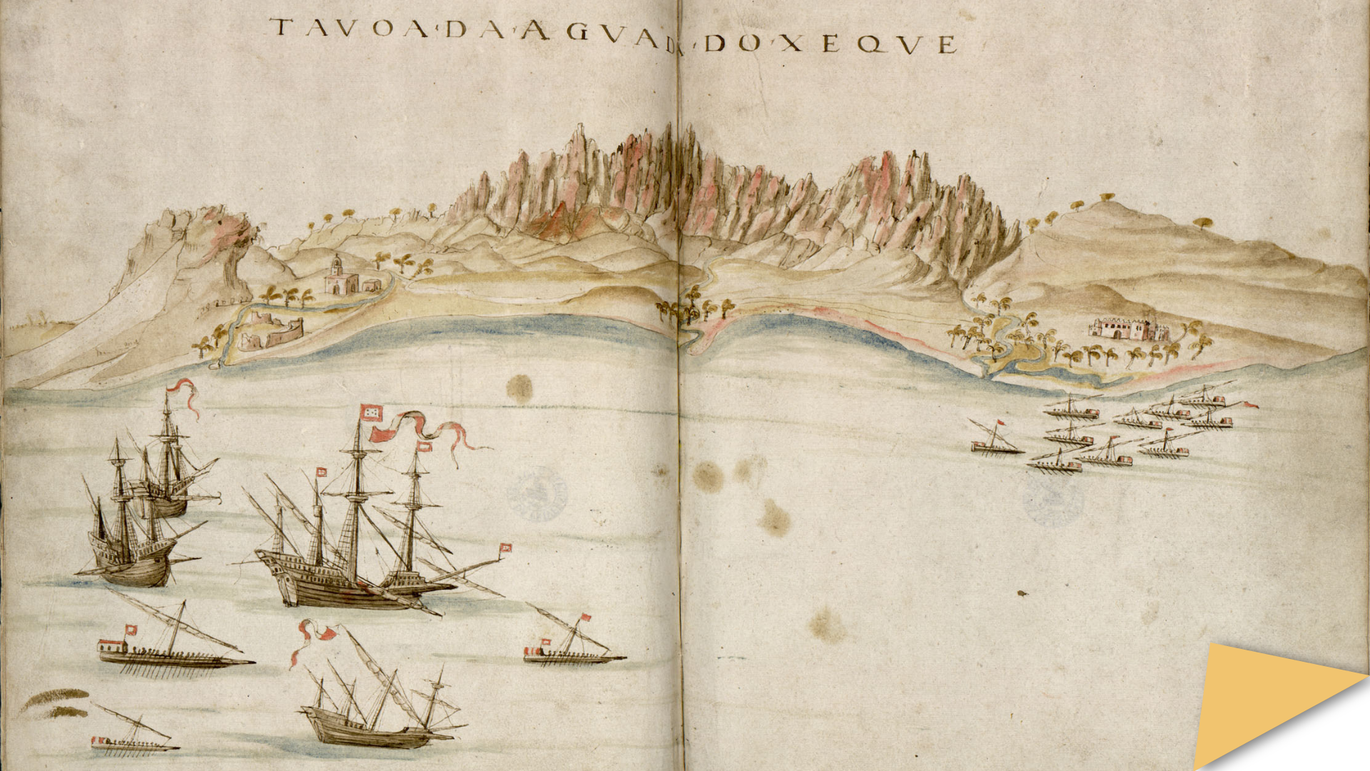Early modern watercolour of European ships anchored off a coastal settlement, with mountains and palm trees in the background.
