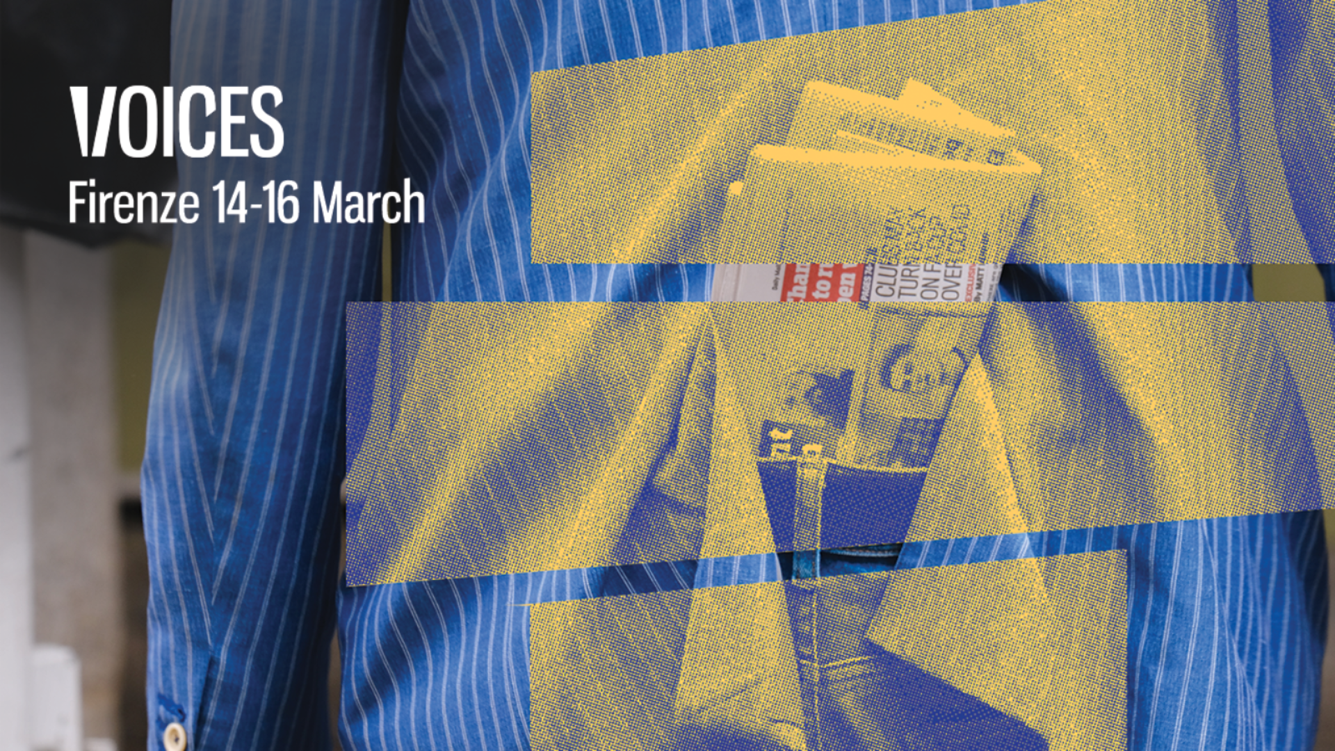 Visual for Voices, the Festival of Journalism and Media Literacy displaying a person carrying a newspaper on their pocket with the colours of the festival brand identity and the dates of the event (14-16 March 2024)