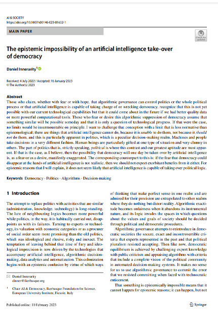 Book cover for: The epistemic impossibility of an artificial intelligence take-over of democracy