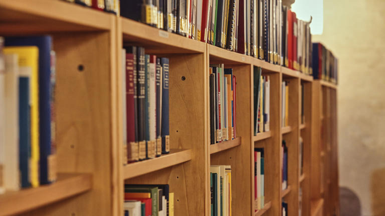 Books in library prospective closeup