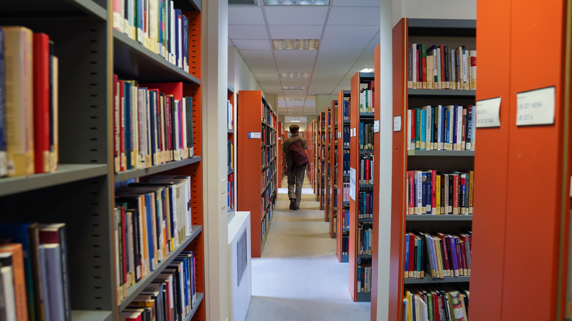 Student walking in the Library hallway