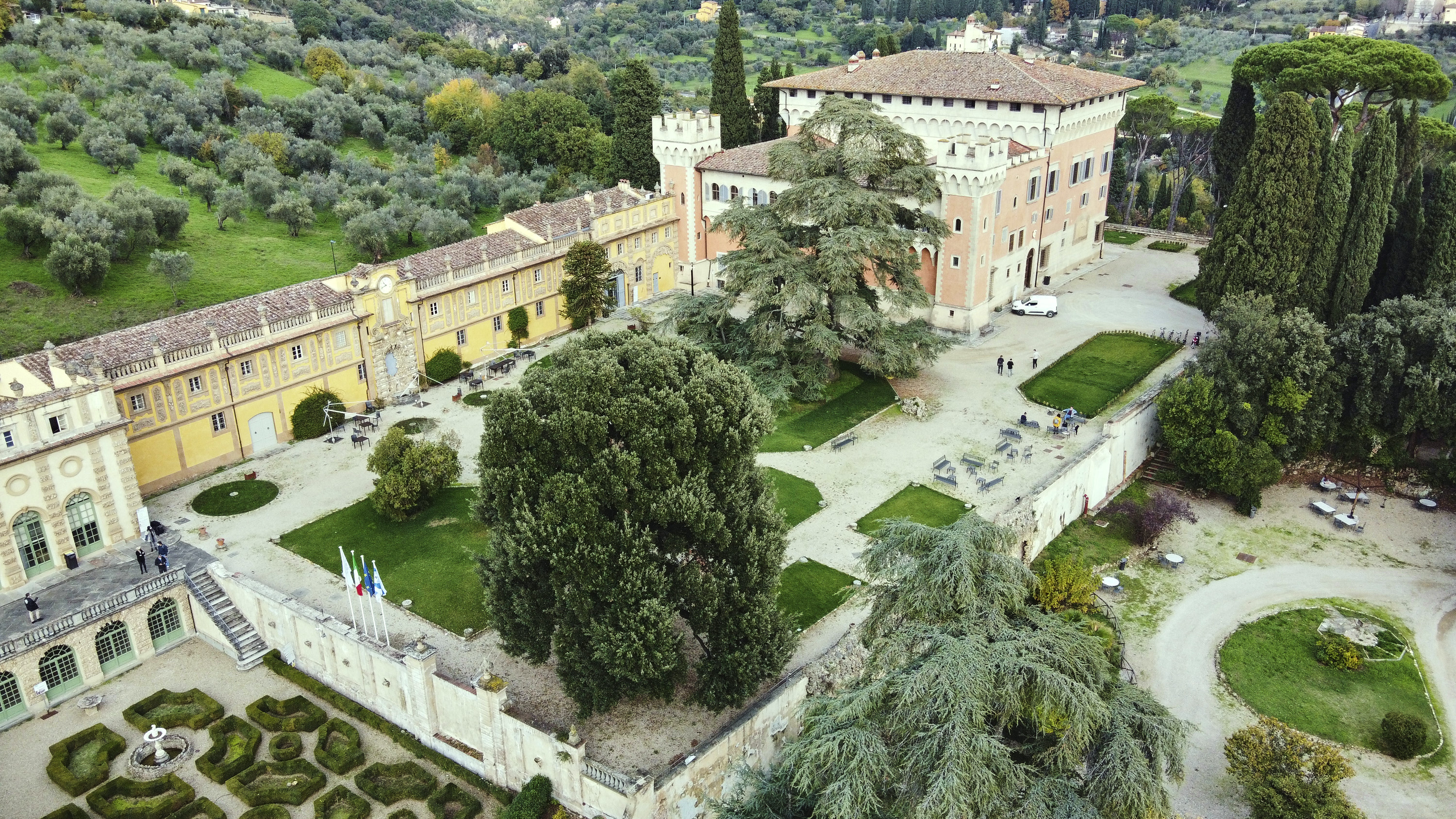 Villa Salviati building and garden full drone view