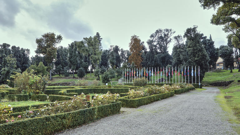 Villa Salviati garden view of European union flags