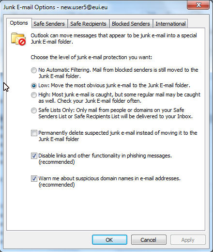 Junk E-mail Options