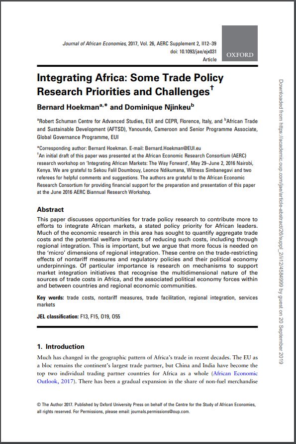 Journal Article 2017_Hoekman-Njinkeu_Integrating Africa: Some Trade Policy Research Priorities and Challenges