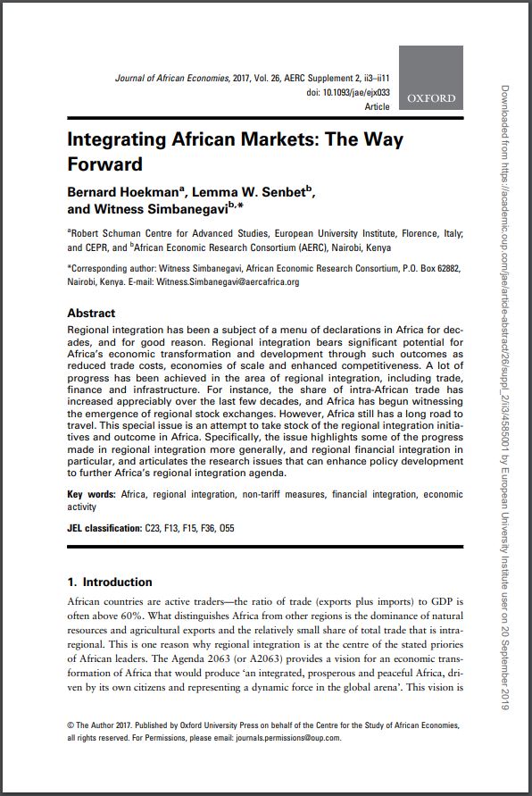 Journal Article 2017_SIimbanegavi-Hoekman-Senbet_Integrating african Markets: The Way Forward