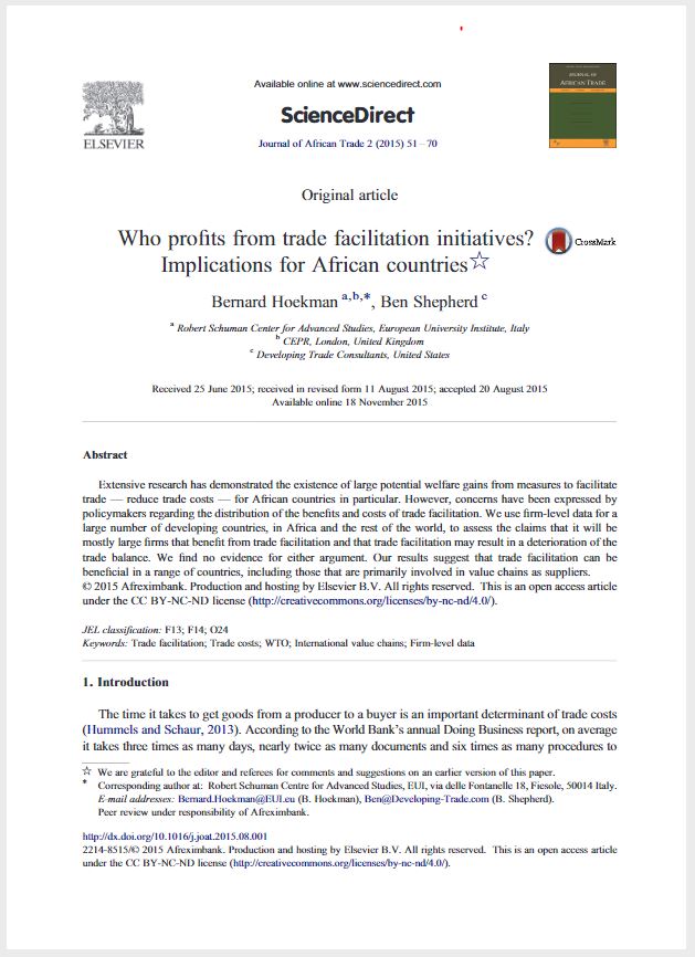 Journal article 2015_Hoekman-Shepherd_Who profits from Trade Facilitation Initiatives? Implications for African Countries