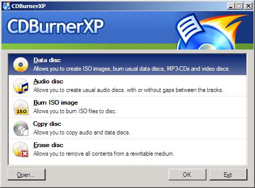 CDBurnerXP - menu