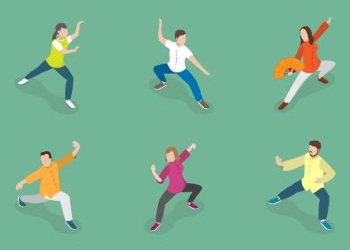 Drawing of several charaters training Thai chi